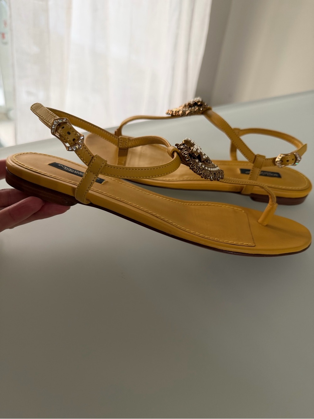 Dolce & Gabbana Yellow Jeweled T-Strap Leather Sandals